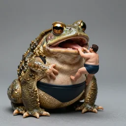 dramatic 1 0 mm lens photo of a fat tiny midget man in a swimsuit wearing 1 9 8 0 s sunglasses holding and stroking the worlds largest toad with its mouth open - n 9