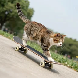 cat on a skateboard going down a hill