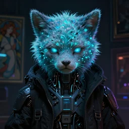 one singular portrait of a sad bioluminescent furry cyborg, cyberpunk, highly detailed, digital painting, cinematic, hyper realism, dark retrowave, art by stanley lau and artgerm and magali villeneuve and alphonse mucha, artstation, octane render, cgsociety