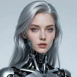 beauty Blade Runner woman, robotic, beautiful face, silver hair, cyberpunk, trending on artstation, by Hajime Sorayama and Boris Vallejo
