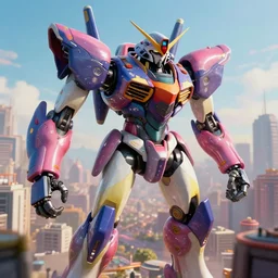 colorful. giant glossy cybertronic mecha looming over a city. experimental art film still. special effects. ilm. cinematography masterpiece. heavy depth of field. cannes film festival winner. trending. hd. 4 k. surreal. scene. beautiful. moving.