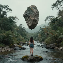 woman standing on creek looking at the mystery rock floating in midair, trending on artstation, 50mm, by Noah Bradley