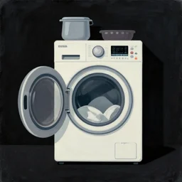 dark retro illustration 1 9 7 0 s science fiction movie poster, gouache painting with simple shapes and hard edges, attack of the washing machines