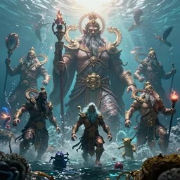 colossal shaman gods destroying very living thing in the ocean, 8 k, ultra realistic, lens flare, atmosphere, glow, detailed, intricate, full of colour, cinematic lighting, trending on artstation, 4 k, hyperrealistic, focused, extreme details, unreal engine 5, cinematic, masterpiece