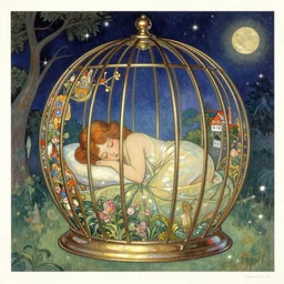 english village postcard, spherical cage, sleeping beautycalming beautiful night time colour pallete spherical shiny sparkly metallic cage, alphons mucha