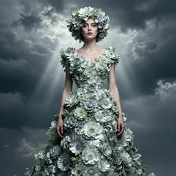 dress made of flowers, flower hair woman, solemn, female, rising from flowers, high detail, high contrast, extreme close up portrait, dissolve, storm clouds, god rays, d & d, fantasy, elegant, silver green color palette, cinematic, concept art, annie leibovitz, roger deakins, greg rutkowski, alphonse mucha