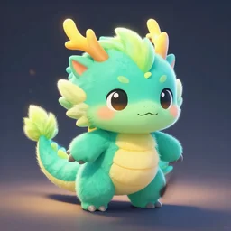 cute chibi fuzzy dragon, turquoise and green - yellow color scheme, dynamic shadows, dynamic colors, trending on artstation, 4 k