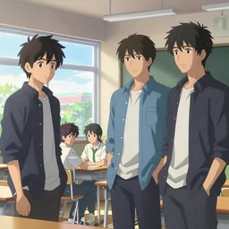 high school classroom scene spring setting noon, expert high detail concept art, perfect proportions defined face, tall handsome guys, vivid colors, sharp focus, modern composition, realistic shaded lighting artistic, craig mullins, ilya kuvshinov, katsuhiro, jeremy lipkin, makoto shinkai, loish and clamp style, expert artist