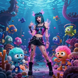 lisa frank psychic punk rocker vampiric electrifying rockstar background designs of vibrant underwater locations filled with fish and coral by genndy tartakovsky and splatoon by nintendo and the psychonauts franchise by doublefine tim shafer artists and the creators of fret nice at pieces interactive for the new hotel transylvania film