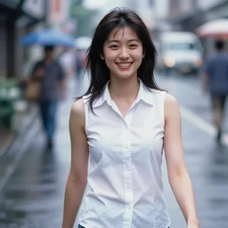 A middle-shot from front, color outdoor photograph portrait of a smiling young Japanese woman in sleeveless white shirt is walking on the rainy street, ambient lighting, 1990 photo from Japanese photograph Magazine.