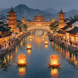 grand festival, river lanterns float on the water, chinese watercolor style, trending on artstation, global illumination, radiant light, art by wlop and greg rutkowski,, detailed and intricate environment, 8 k