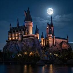 insanely detailed long shot of hogwarts castle next to a lake at night with glowing windows cloudy night bright moon, harry potter