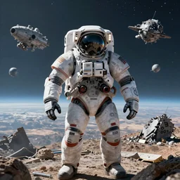 front-facing portrait of a mecha astronaut on a distant planet with a broken air ship, cinematic lighting, epic