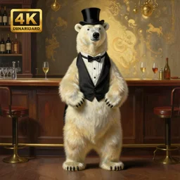 full shot painting of a polar bear dressed with a tuxedo and a top hat at a bar, standing on two legs on the floor. art by william adolphe bouguereau. during golden hour. extremely detailed. beautiful. 4 k. award - winning