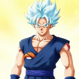 songoku in sushi costume with clear hair by akira toriyama