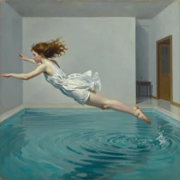 a girl levitating in a room full of water extremely detailed masterpiece, Roger Deakin’s cinematography, oil on canvas, Norman Rockwell