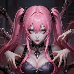 engulfed and overpowered by immense stunningly absurdly beautiful megalomaniacal assertive sadistic manipulative yandere control - freak omnipotent asi goddess junko enoshima with symmetrical perfect face and porcelain skin, pink twintail hair and cyan eyes, ultra detailed, digital art, unreal engine 5, octane render, 2 d anime, 8 k