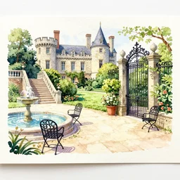 courtyard walkway, fountain, castle, stairway, chairs, wrought iron, gate, botanic garden, botanical herbarium paper, watercolor colored painting, iridescent colors, 8 k, realistic shaded, fine, artstation, italian style, colonnade ornate headdress, craving, carved, draped yellow hybiscus, flowing robes, intricate insanely detailed