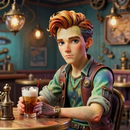 micro stippled portrait interior steampunk cafe, ( colorful ), ( ( mads berg ) ), christopher balaskas, ( victo ngai ), rich grainy texture, detailed, dynamic composition, dramatic gradient lighting, wide angle, muted color, matte print, modern art deco