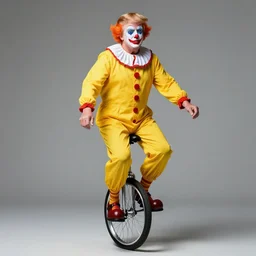 studio color photo realistic full body illustration portrait of donald trump as a clown with white face paint orange hair and yellow jumpsuit riding a unicycle