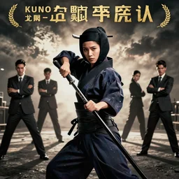 Film publicity poster for action thriller movie of a beautiful kunoichi assassinating businessmen