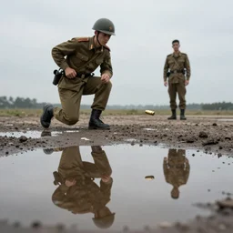 reflection of a soldier on a bullet flying towards him