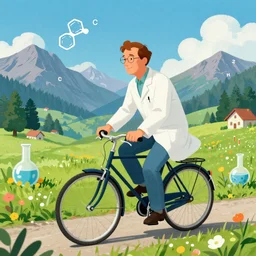 an awesome psychedelic jean giraud portrait of albert hoffmann in a lab coat riding a bicycle through a bucolic swiss field, chemical symbols, beakers, test tubes