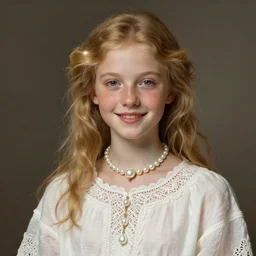 portrait of teenage aphrodite, light freckles, dirty blonde hair, smiling kindly, wearing an embroidered white linen dress, lace neckline, intricate, elegant, mother of pearl jewelry, glowing lights, highly detailed, digital painting, artstation, concept art, smooth, sharp focus, illustration, art by wlop, mucha, artgerm, and greg rutkowski