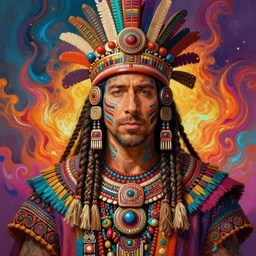 portrait of ryan reynolds, hyper detailed ultra sharp aztec shaman warrior. trending on artstation, warpaint aesthetic, bloodwave, colorful, psychedelic, ornate, intricate, digital painting, concept art, smooth, sharp focus, illustration, art by artgerm and greg rutkowski and h. r. giger, 8 k