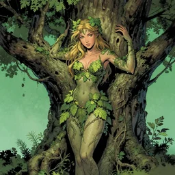 a beautiful comic book illustration of a magical nymph decorated with bark and leaves, standing in front of a tree, the tree branches embraces her, by Jerome Opeña, featured on artstation