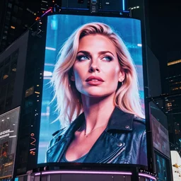a detailed photograph depicting times square at night. a giant digital billboard shows a heroic portrait of a proud blonde woman in her 6 0's. sci fi, neon lighting, futuristic.