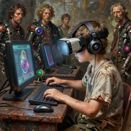 junky kid playing in gaming console, cybertronic gadgets and vr helmet, durty colours, rotten textures, rusty shapes, hard surface, biotechnology, dariusz zawadzki, tim hildebrandt, wayne barlow, bruce pennington, donato giancola, larry elmore, oil on canvas, deep depth field, masterpiece, trending on artstation, featured on pixiv, cinematic composition, hyper - detailed, hd, hdr, 4 k, 8 k