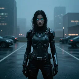 “Cinematic wide shot of an intense model with glowing irises wearing futuristic Militech gear in a rainy parking lot, lights of mega buildings visible through the fog in the distance. Haunting atmospheric cyberpunk. Iconic movie still, 85mm anamorphic lens.”