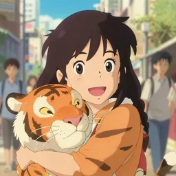 a film still of a disney happy girl with her tiger, finely detailed features, perfect art details, in a city, sun, gapmoe, yandere, trending on pixiv fanbox, painted by ( ilya kushinov ) makoto shinkai takashi takeuchi studio ghibli akihiko yoshida, makoto shinkai!!!