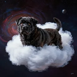 a lumpy dog, body like a cloud, black, mutt, pitt, lab, short, fat, photorealistic leica s photograph, in outer space, kodachrome, psychedelic, platon