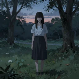 woman standing in a park at dusk, surreal, digital painting, artstation, junji ito