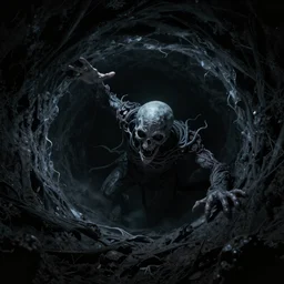 photorealistic art of a lovecraftian horror reaching through a blackhole deep in the nether,
