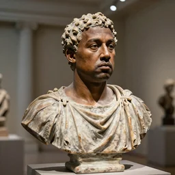 kanye west as a roman bust, on display in a museum, national geographic photo