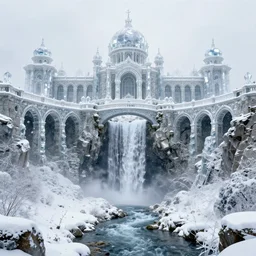 a gigantic palace made of crystal stone with arches and bridge on top of a waterfall in the snow, blizzard,  a small stream runs beneath the waterfall, landscape, raphael lacoste, eddie mendoza, alex ross, concept art, matte painting, highly detailed, rule of thirds, dynamic lighting, cinematic, detailed, denoised, centerd