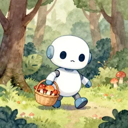 a cute little robot walking in the forest picking mushrooms, holding a basket full of mushrooms, watercolor painting by jean - baptiste monge