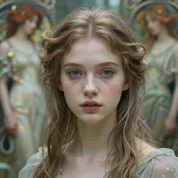 beautiful young goddess by zdzisław beksinski, iris van herpen, jean delville, jeffrey smith, james jean, and alphonse mucha, detailed whimsical ethereal beautiful face portrait, shallow depth of field octane render, beautifully lit, ai biodiversity, otherworldly