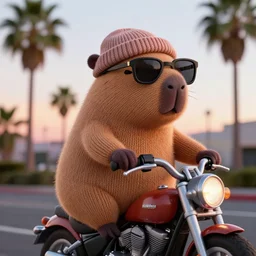 a photorealistic photograph of a knitted cute Capybara wearing sunglasses and dressed in a beanie cap riding on a motorcycle in Hollywood at dusk. Palm trees in the background. This 4K HD image is Trending on Artstation, featured on Behance, well-rendered, extra crisp, features intricate detail and the style of Unreal Engine.
