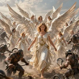 thousands of female angels in battle against orcs, unreal engine, trending on artstation, masterpiece,