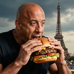 vin diesel eating a massive hamburger in paris, hyperdetailed, artstation