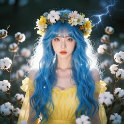 goddess of nature, blue hair, yellow dress, crown of flowers, surrounded by cotton!! flowers, beautiful symmetrical face!!!, cinematic lightning, rim light, fujifilm provia