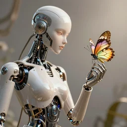 Mechanical male android looking at a butterfly, cinematic lighting, intricate, elegant, super highly detailed, art station, concept art, smooth, sharp focus, no blur, no dof, extreme illustration, Unreal Engine 5, Photorealism, HD quality, 8k resolution, cinema 4d, 3D, beautiful, delicate, art by artgerm and greg rutkowski and alphonse mucha and loish and WLOP