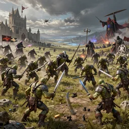 wide landscape shot of warhammer greenskin orcs fighting pirate vampires, trending on artstartion
