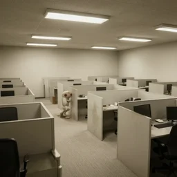 the backrooms : weird creatures, an endless maze of randomly generated office rooms and other environments. it is characterized by the smell of moist carpet, walls with a monochromatic tone of dirty off - white, 1 9 8 0's style carpeted walls and buzzing fluorescent lights % 5 0 working, general sense of run down and a abandonment, pee stains on walls