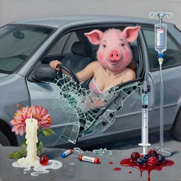 “ a portrait of a young woman, car crash in a sillier car, broken glass, sensual, a pig theme, syringe, anaesthetic, art supplies, surgical iv drip,, ikebana, a candle dripping white wax, squashed berries, berry juice drips, acrylic and spray paint and oilstick on canvas, surrealism, neoexpressionism ”