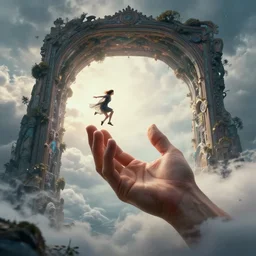 a giant hand coming from of a magical portal in the sky picking up a woman with their fingers.